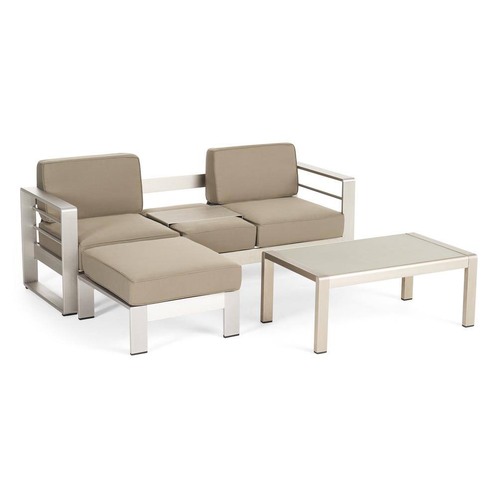 Noble House Cape Coral Silver 3-Piece Aluminum Patio Conversation Set with Khaki Cushions