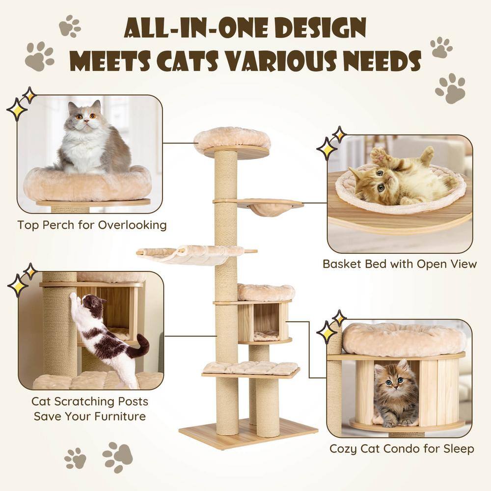 ANGELES HOME Wood Modern Tall Cat Tree Tower with Scratch Posts and Washable Mats