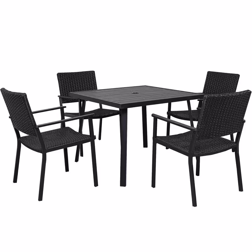 Harper & Bright Designs Black 5-Piece Wicker Outdoor Dining Set with Umbrella Hole