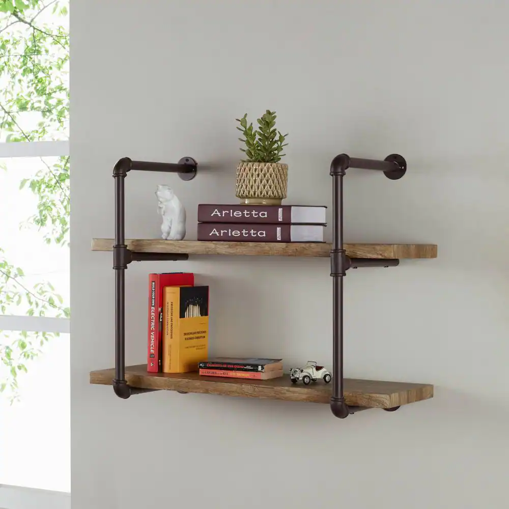 DANYA B Urbanne Industrial Aged 2-Tiered Wood Print MDF and Metal Pipe Floating Wall Shelf
