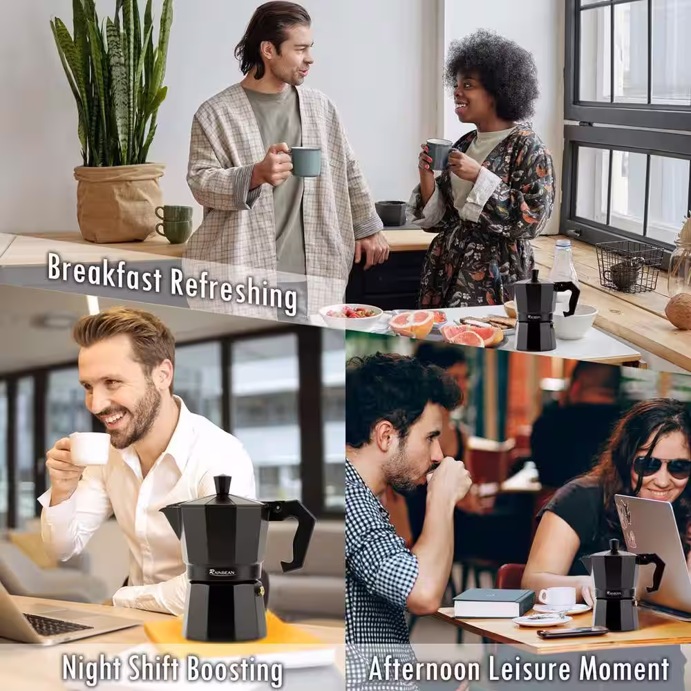 None 6-Cup Black Aluminum Stovetop Espresso Coffee Maker with 2-Mugs