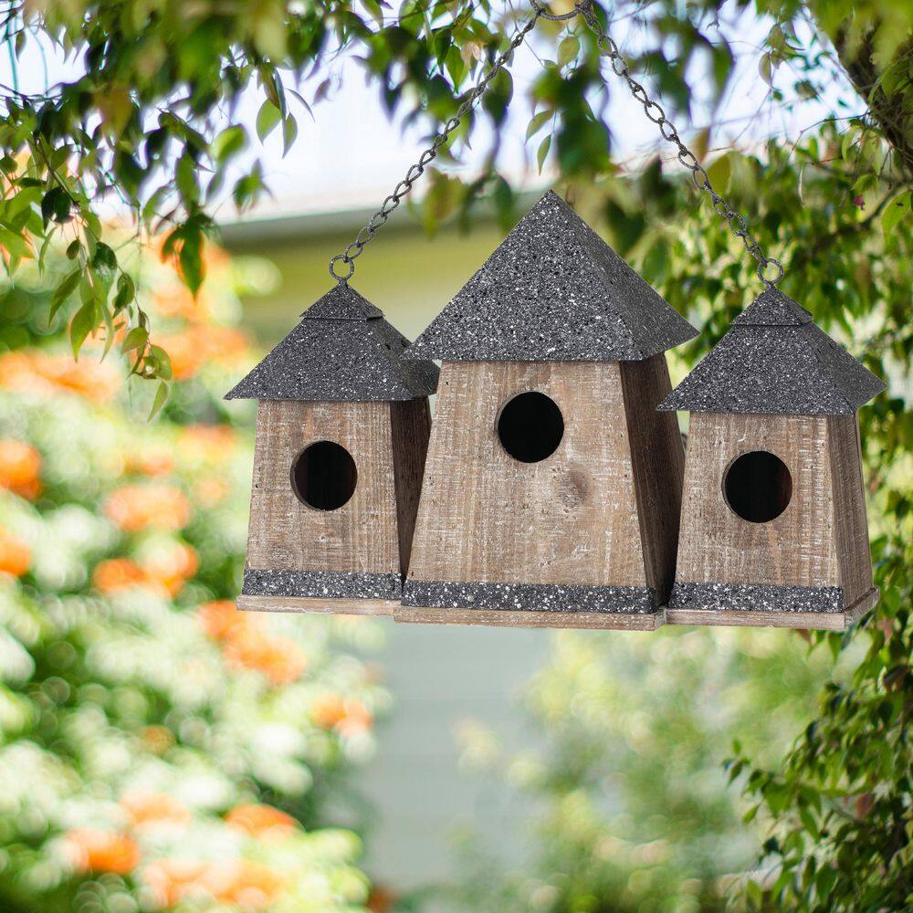 SULLIVANS 10.25 in. Gray Wood Triple Birdhouse Condo