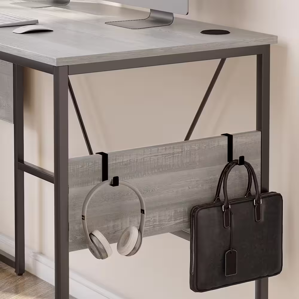 Bestier 60 in. L shaped Wash White Wood Desk with Cabinet and Hooks