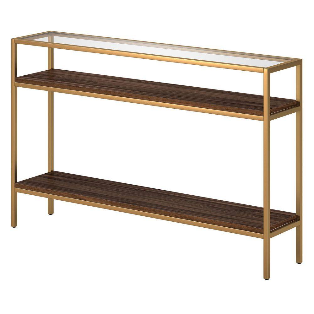 None Felicia 47.6 in. Gold Walnut Rectangle Glass Console Table
