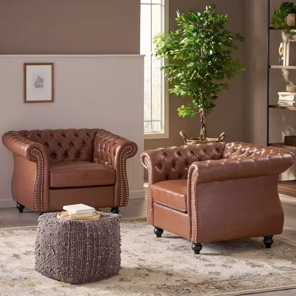 Noble House Silverdale Cognac Brown Faux Leather Nailhead Trim Club Chair (Set of 2)