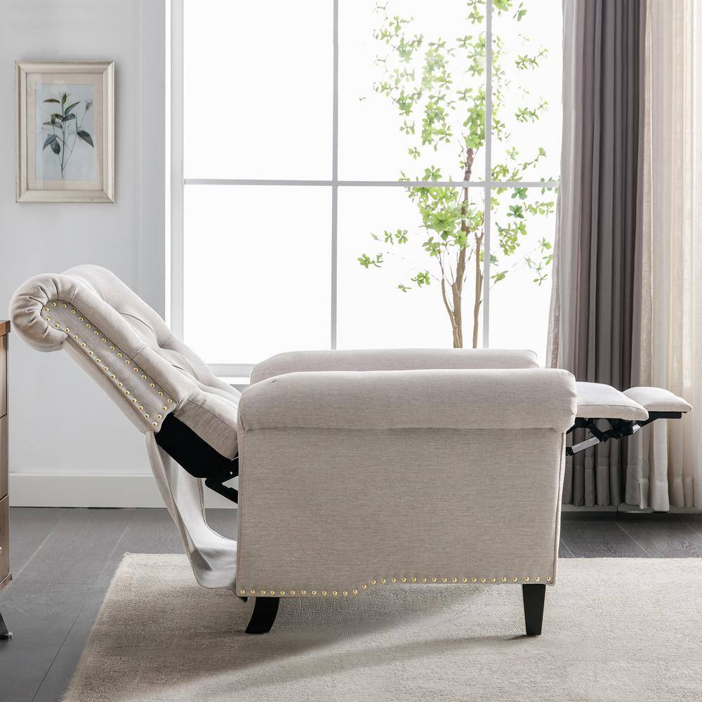 None Tan Linen Tufted Push Back Recliner Chair Living Room Chair, Single Sofa Accent Recliner with Nailheads Roll Arm