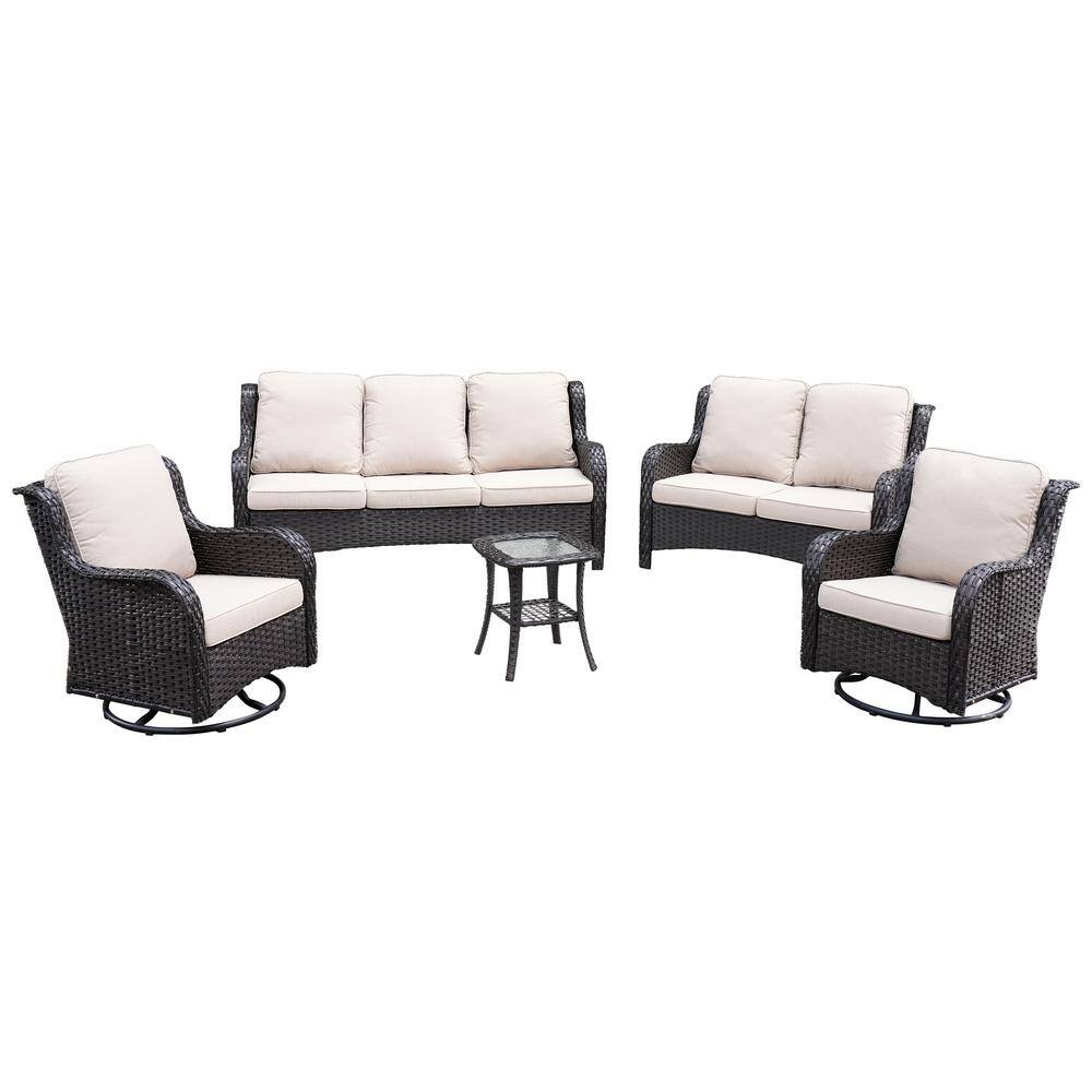 None Monet Brown 5-Piece Wicker Patio Conversation Seating Sofa Set with Beige Cushions and Swivel Rocking Chairs