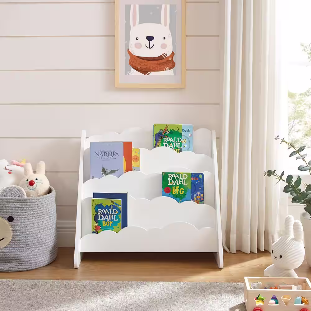 Welwick Designs 23.75 in. W White Wood 4-Shelf Modern Clouds Youth Book Rack