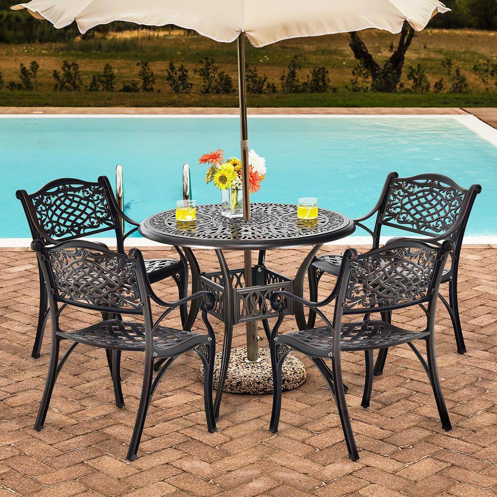 Costway 5 -Piece Cast Aluminum Round Table Outdoor Bistro Sets Patio Dining Sets