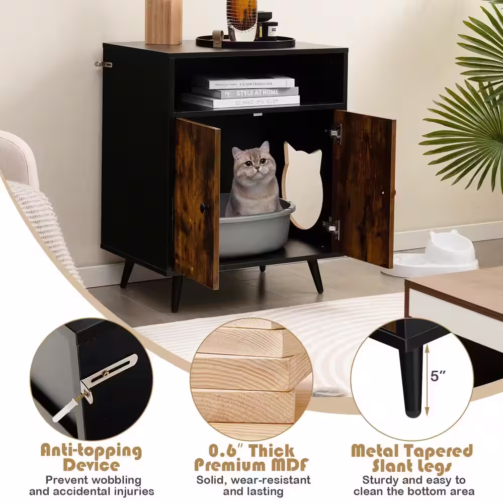 ANGELES HOME 24 in. W x 18 in. Industrial Brown Black MDF Cat Litter Box Enclosure