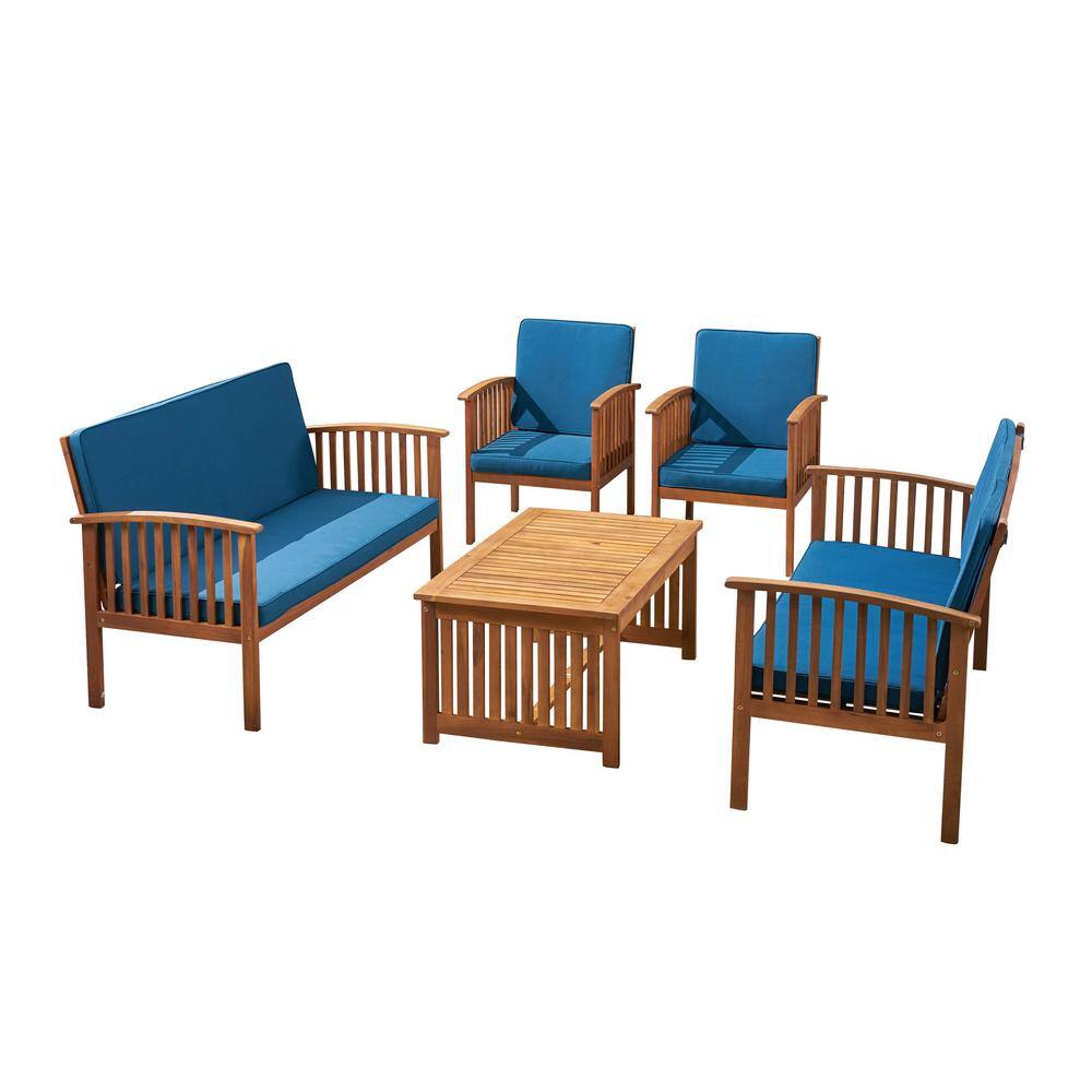 Noble House Carolina Brown Patina 5-Piece Wood Conversation Seating Set with Dark Teal Cushions