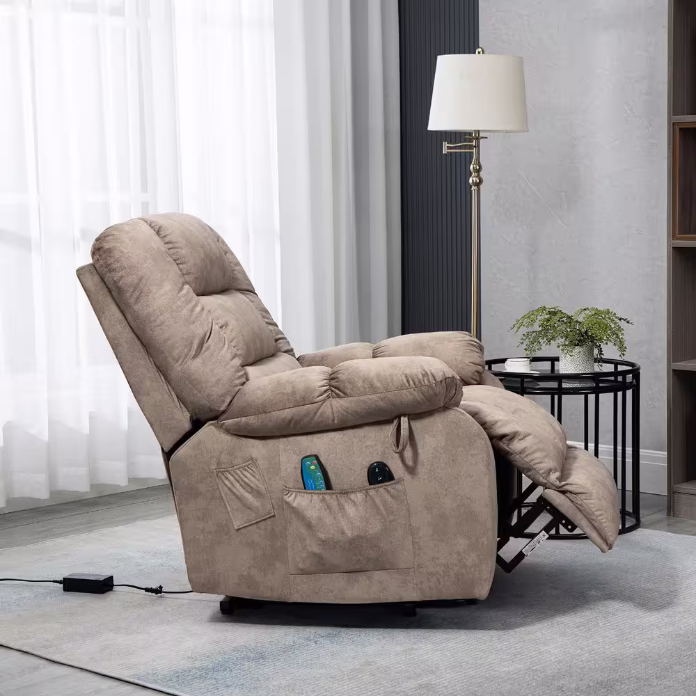 KINWELL Camel Chenille Fabric Power Electric Lift Vibration Massage Heating Overstuffed Breathable Recliner with Side Pocket