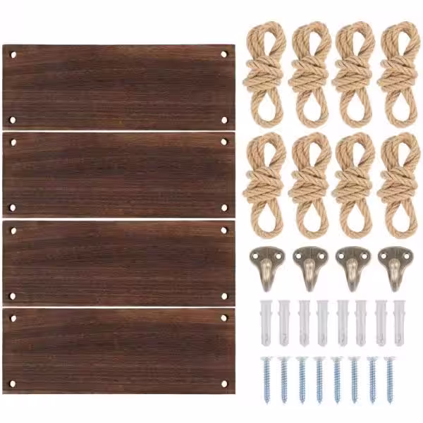 None Brown Hanging Shelves, Wood Floating Wall Shelves Rustic Hanging Swing Rope Shelves (Set of 4)