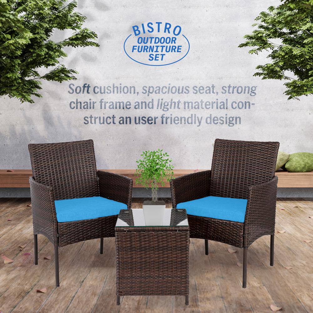 Pyramid Home Decor Alvino 3-Piece Wicker Rattan Outdoor Patio Bistro Set, Chairs with Thick Light Blue Cushion and Glass Top Coffee Table