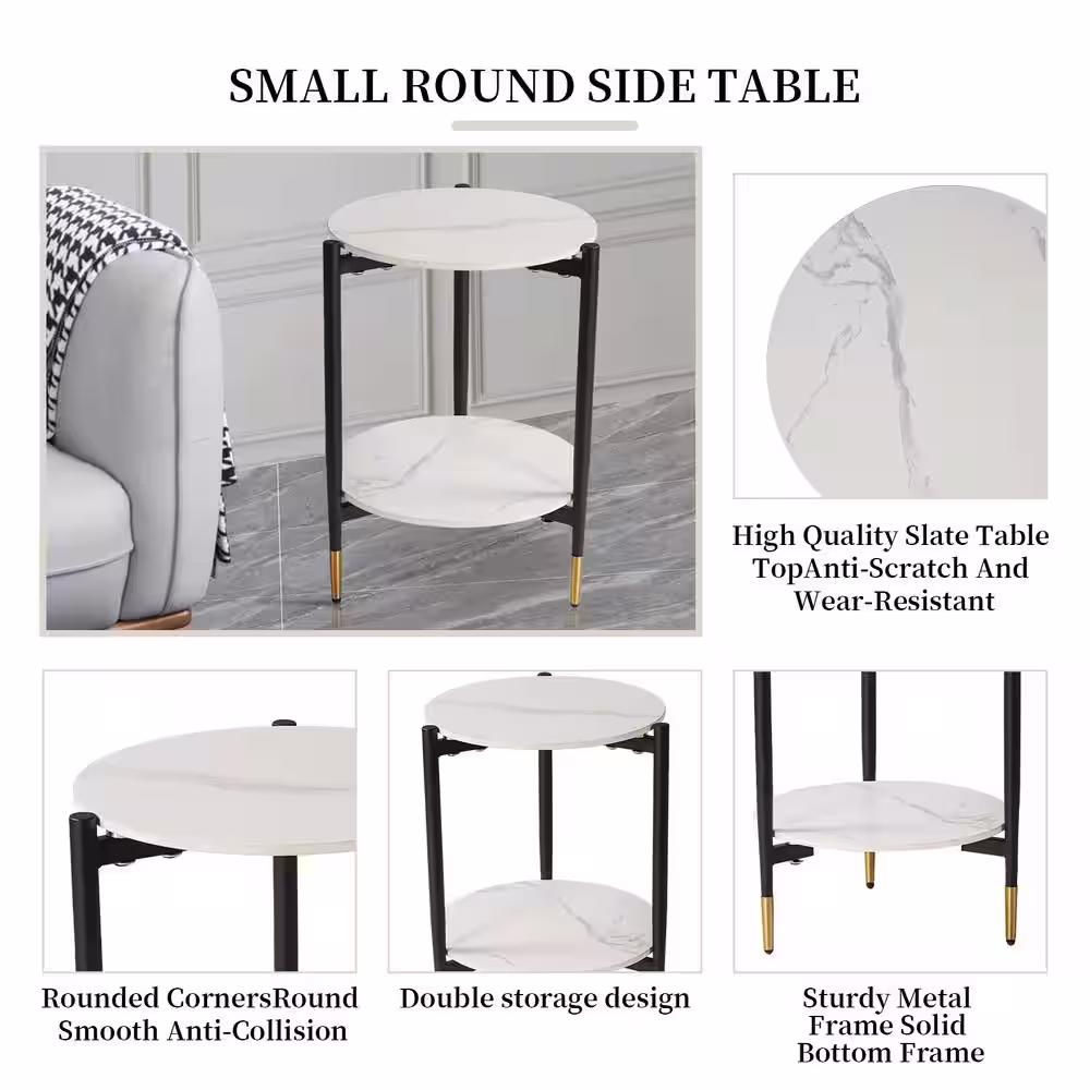 GOJANE 16.7 in. White Round Slate Stone Coffee Table and Single Upholstered Armchair with 3 Pieces