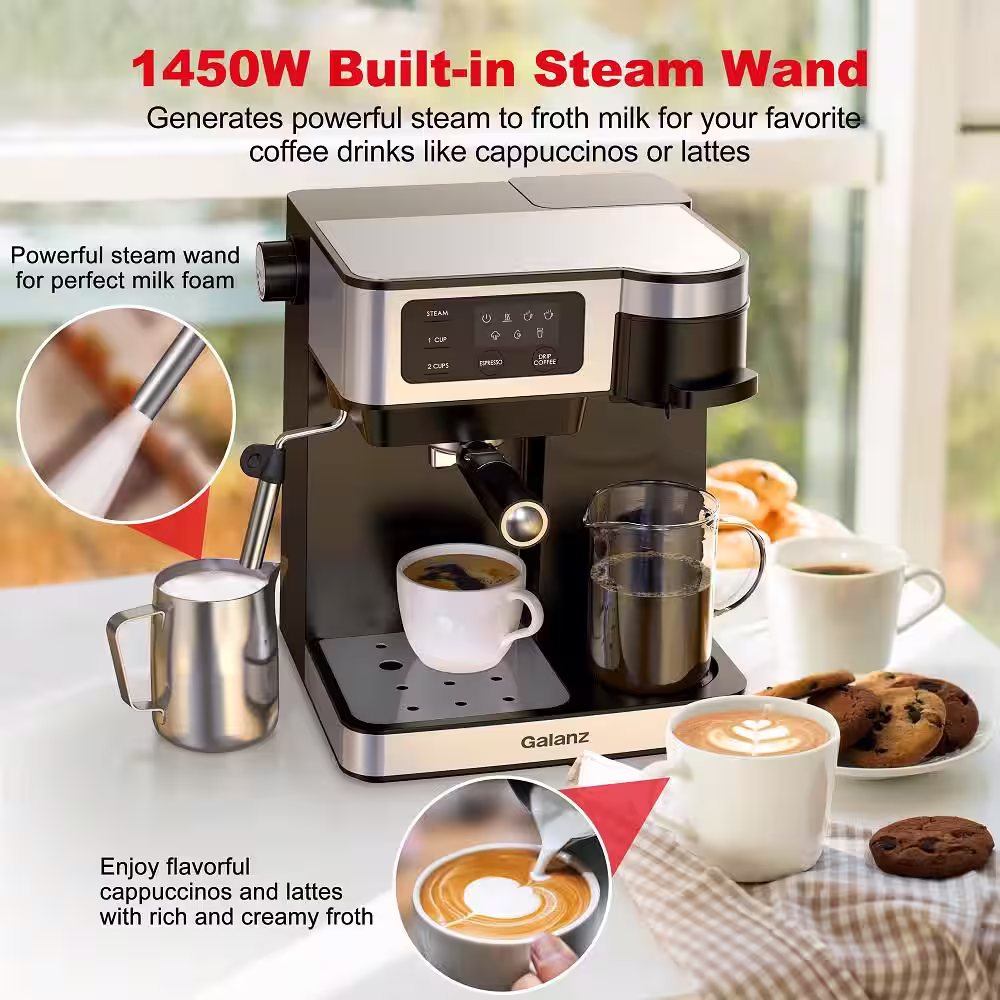 Galanz 2- Cup Stainless Steel Espresso Machine with Steam Wand and Drip Coffee Machine
