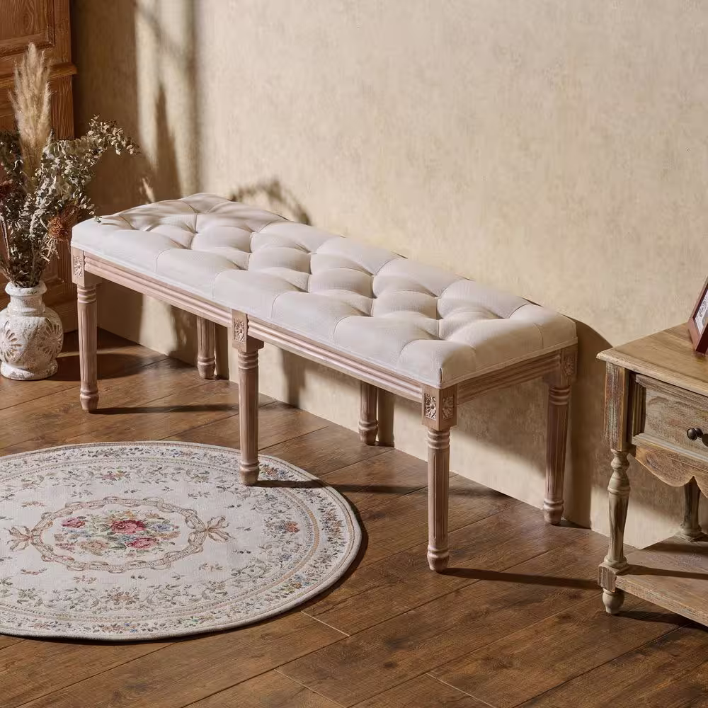 Merra Beige French Vintage Ottoman Bench with Linen Upholstery (19 in. x 48 in. x 16.7 in.)