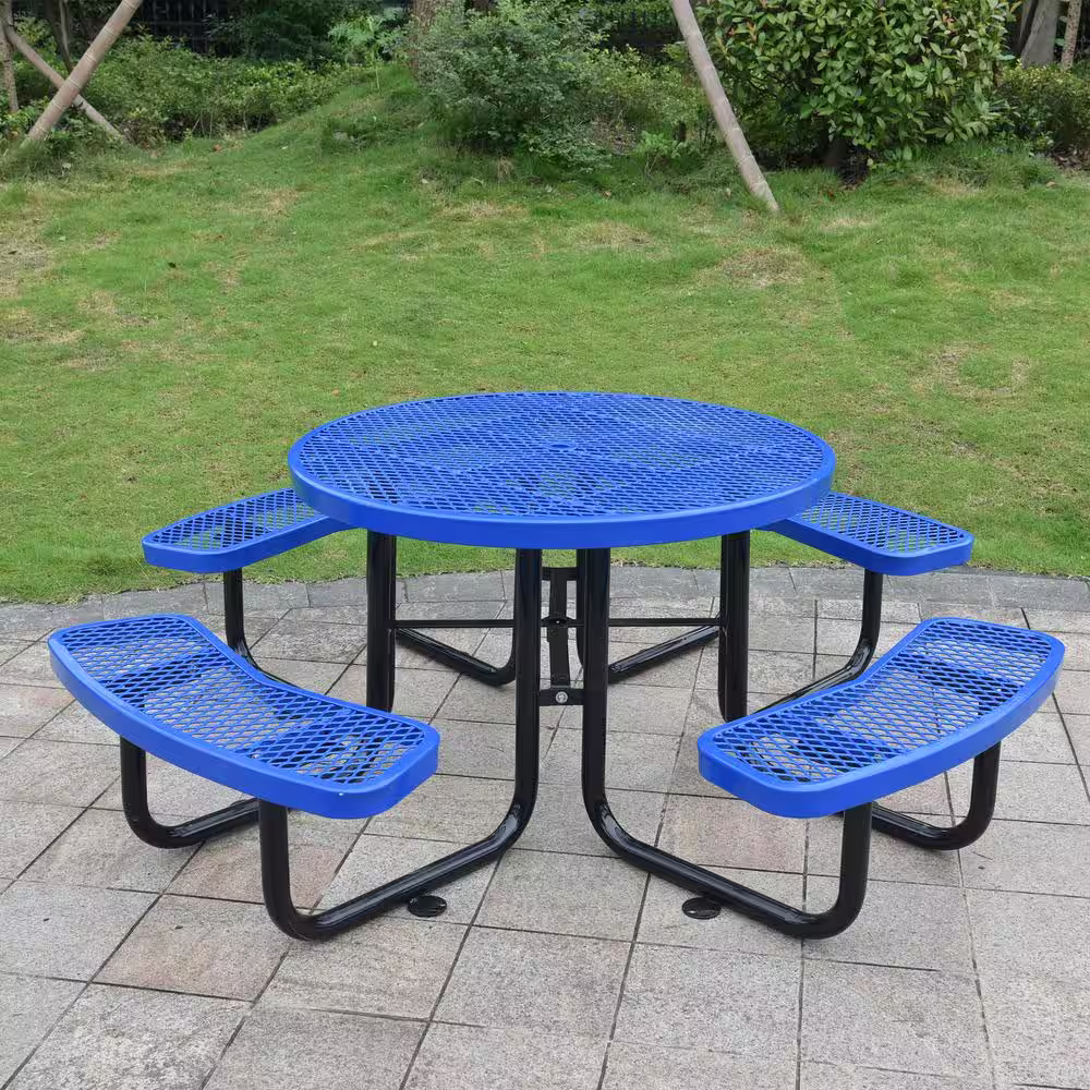 None 46 in. Blue Outdoor Round Steel Picnic Table with Umbrella Pole