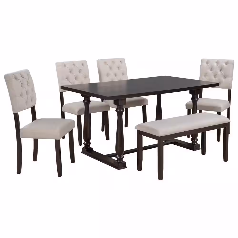 Harper & Bright Designs 6-Piece Espresso Wood Top Dining Table and Chair Set with Special-Shaped Legs and Foam-Covered Seat Backs Cushions