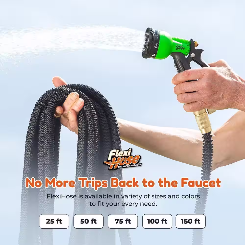 None Flexi Hose 3/4 in x 50 ft. with 8 Function Nozzle Expandable Garden Hose, Lightweight & No-Kink Flexible, Black