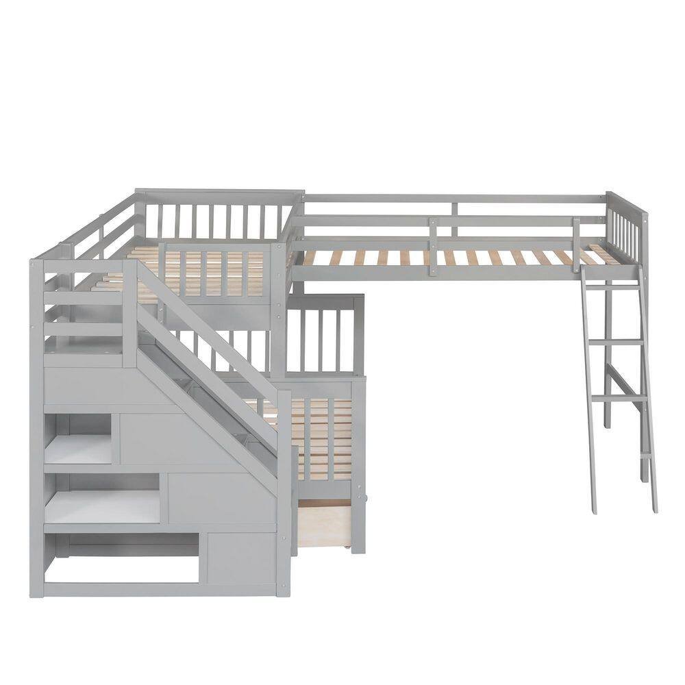 Qualler Gray Twin Over Full L-Shaped Bunk Bed With 3-Drawers and Staircase