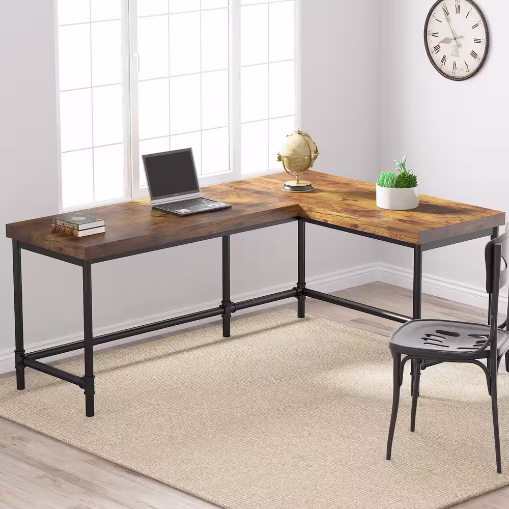 None Havrvin 67 in. L-Shaped Rustic Brown Wood Computer Desk, Industrial Reversible Corner Office Desk PC Laptop Study Table