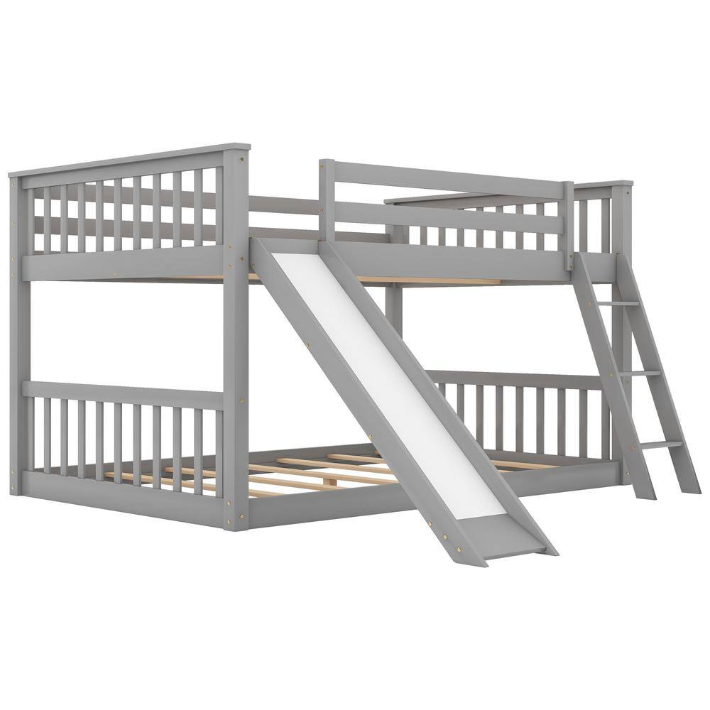 Harper & Bright Designs Classic Gray Full over Full Wooden Bunk Bed with Convertible Ladder and Slide