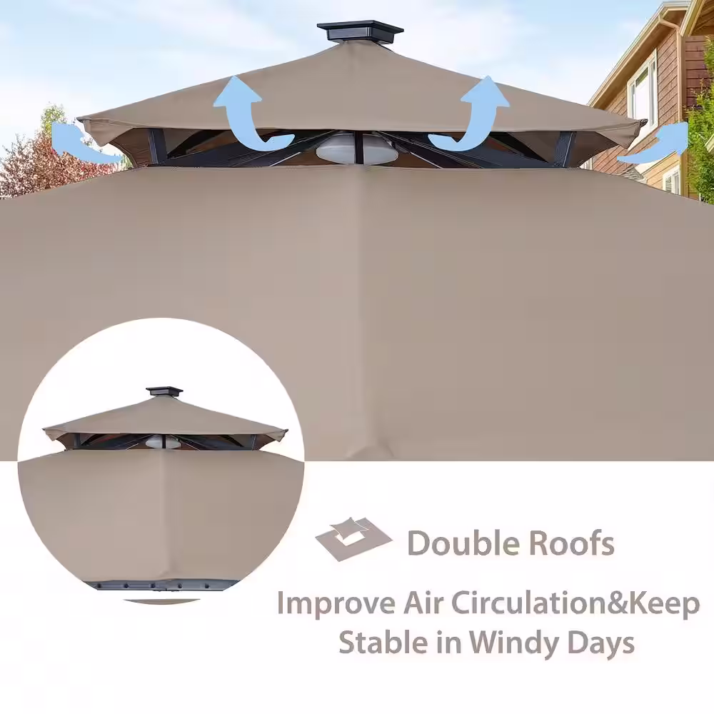 Siavonce 9.8 ft. x 9.8 ft. Patio Gazebo with Extended Side Shed/Awning and LED Light for Backyard, Poolside, Deck, Brown