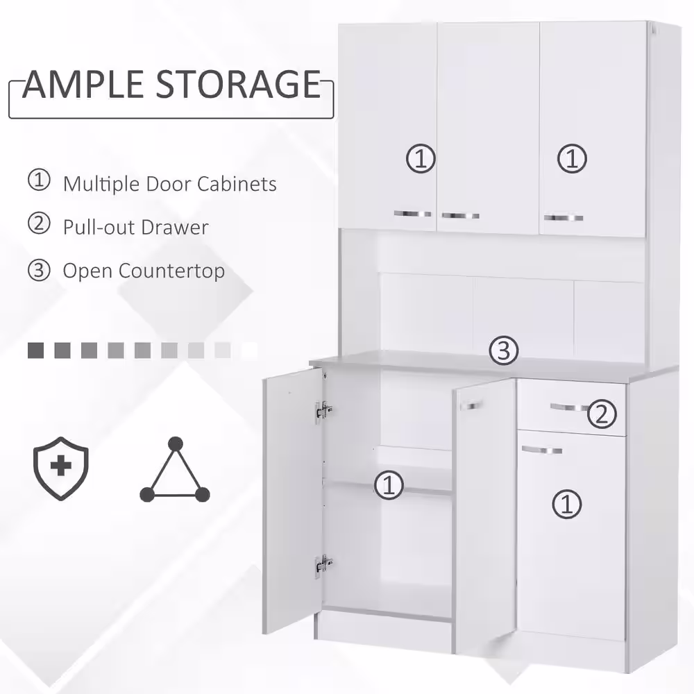 HOMCOM 71 in. White Freestanding Kitchen Cupboard with 3-Adjustable Shelves and 1-Drawer