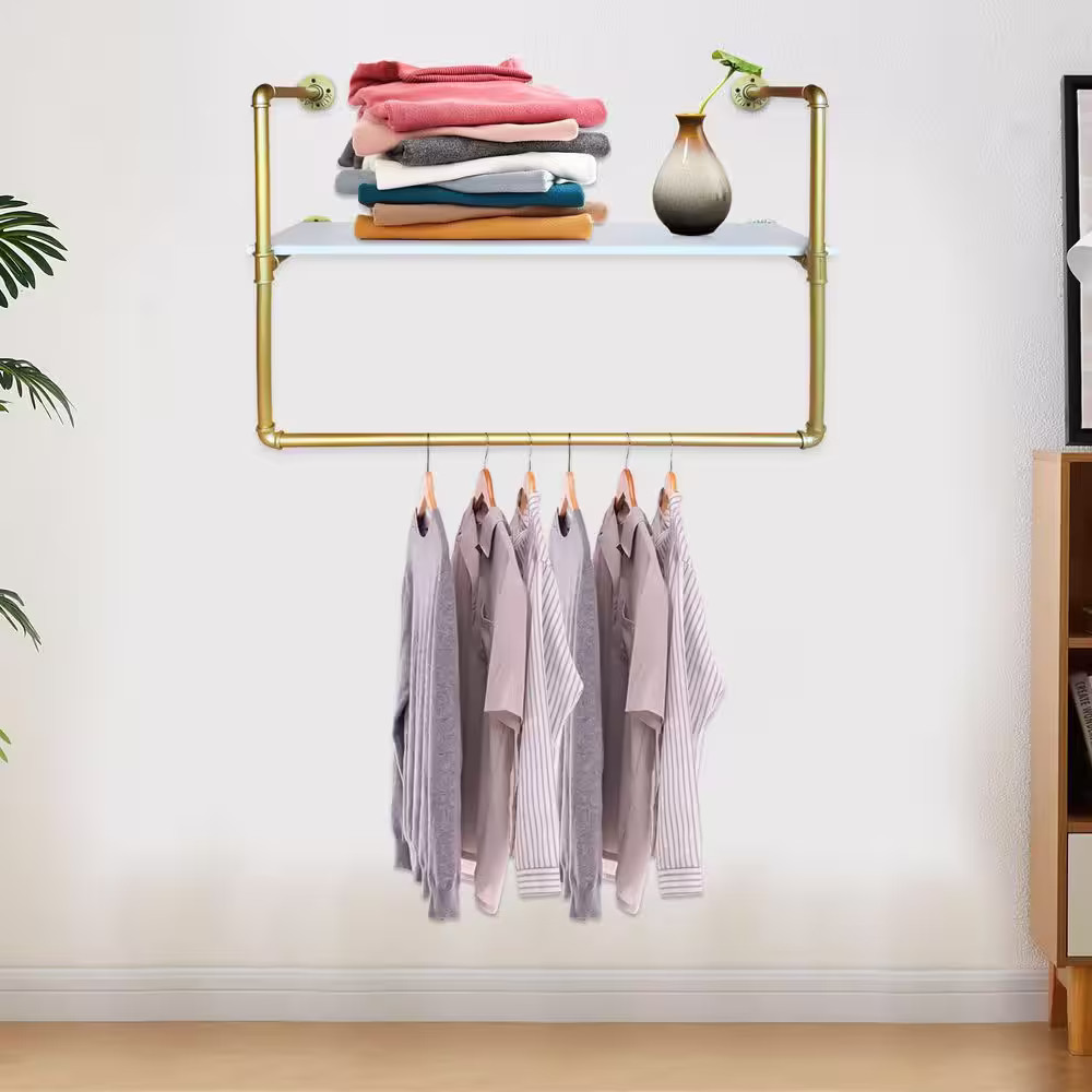 None Gold Iron Wall Mounted Clothes Rack with Shelves 37 in. W x 26.4 in. H