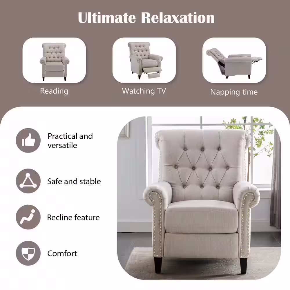 None Tan Linen Tufted Push Back Recliner Chair Living Room Chair, Single Sofa Accent Recliner with Nailheads Roll Arm