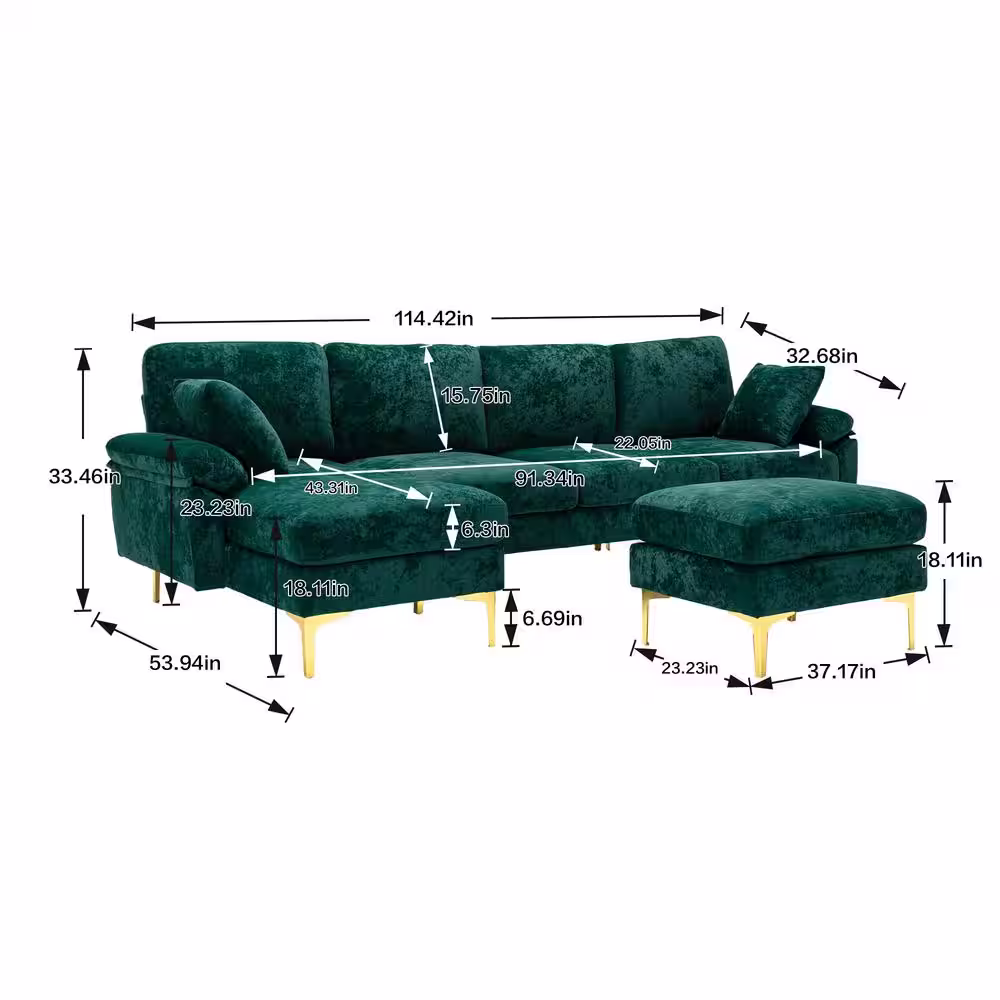 None 114 in. W 2-Arms 4-Piece L Shaped Fabric Modern Sectional Sofa in Emerald Green with Removable Ottoman