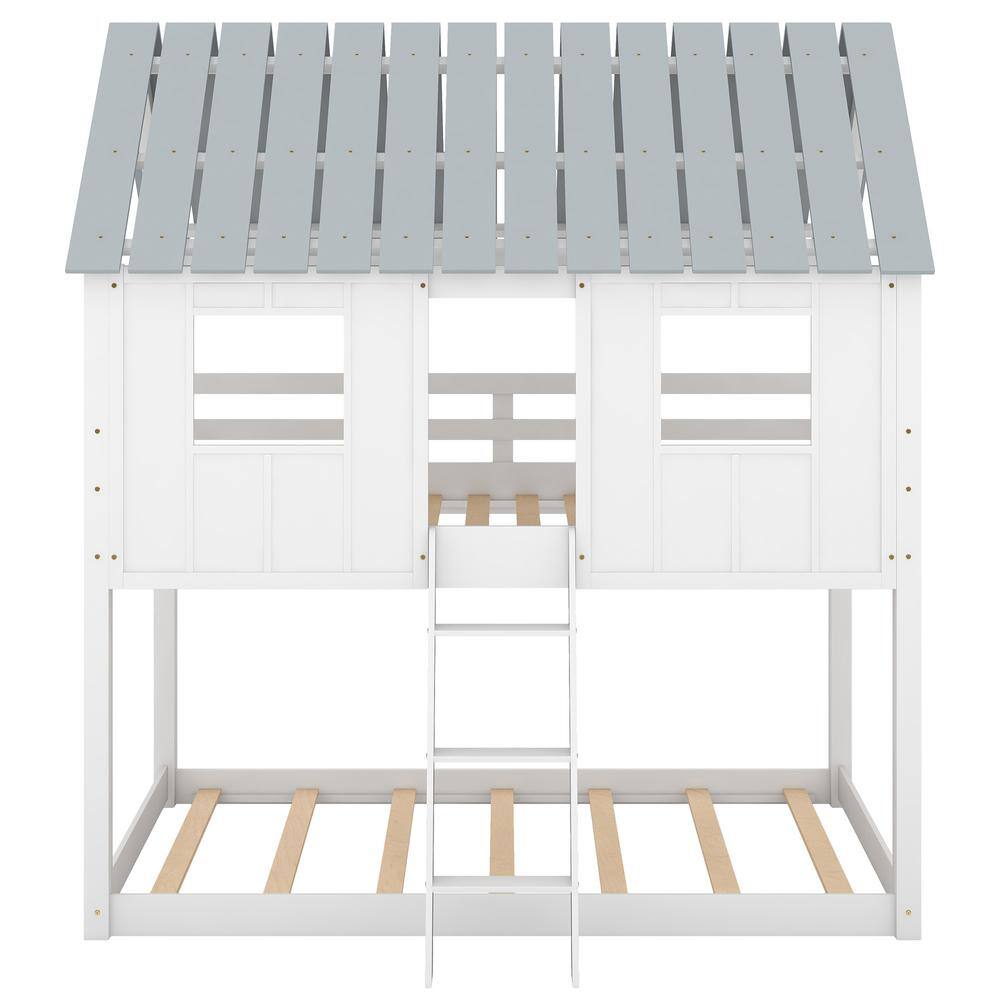 Harper & Bright Designs White Twin Over Twin Low Bunk Bed with Roof and 2 Front Windows