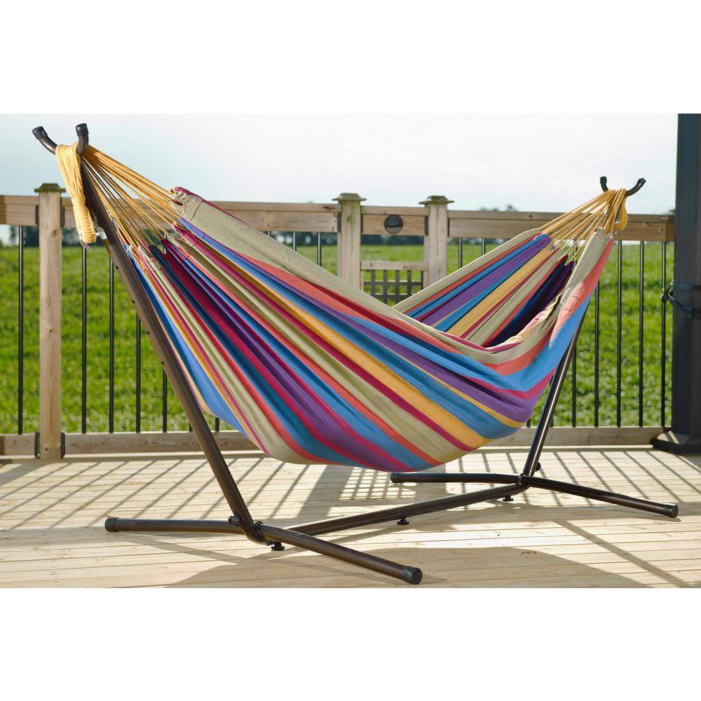 None 450 lbs. Capacity Double Cotton Hammock with Space Saving Steel Stand in Tropical