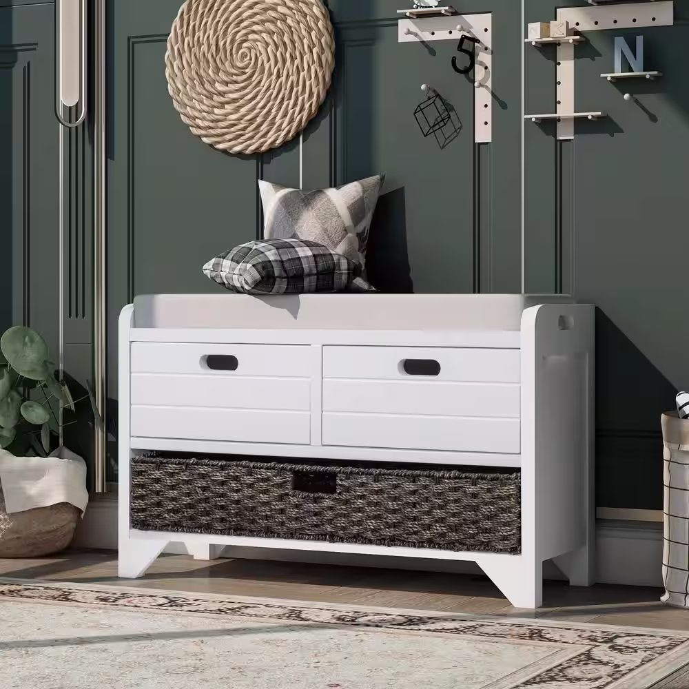 aisword Storage Bench White with Removable Basket and 2-Drawers, Fully Assembled Shoe Bench with Removable Cushion