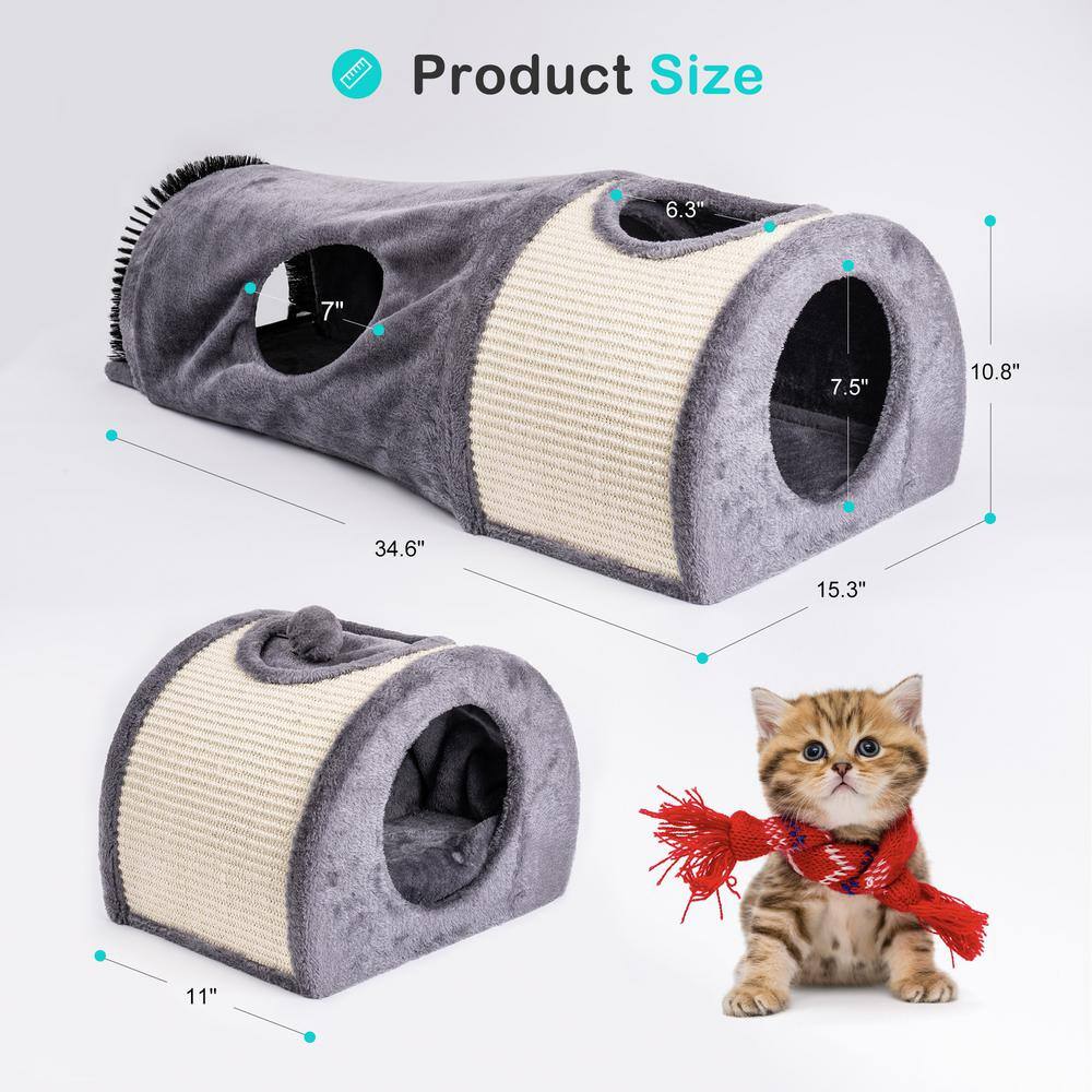cenadinz Cat Tunnel Bed Cat House Sisal Scratching Bed with Self Groomer Massager Plush Balls Collapsible for Indoor Cats