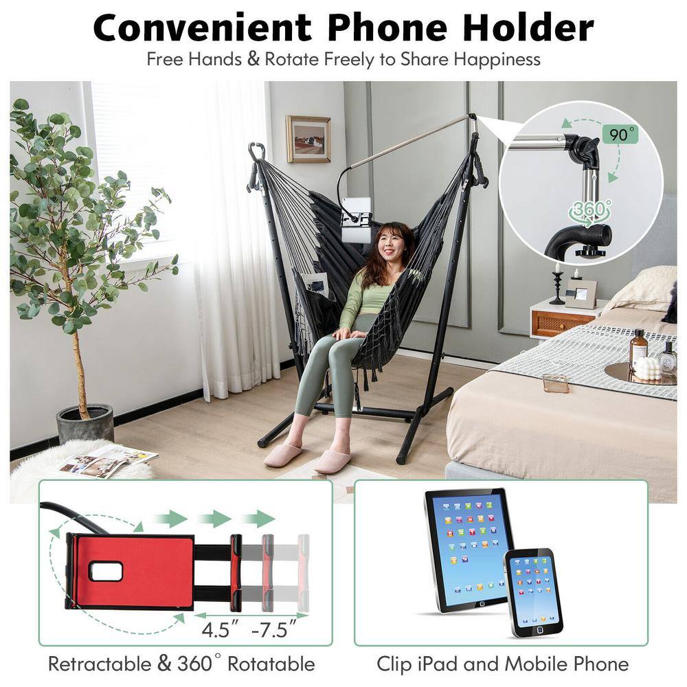 ANGELES HOME 5 ft. Free Standing Height Adjustable Hammock Chair with Phone Holder and Side Pocket in Gray