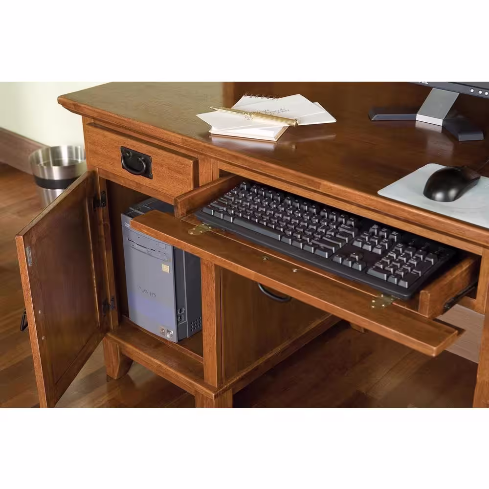 HOMESTYLES Arts and Crafts 58 in. Rectangular Oak 5-Drawer Computer Desk