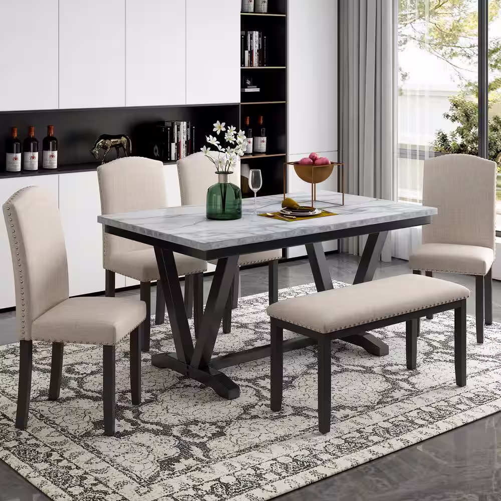 Harper & Bright Designs Modern Style 6-Piece White Marbled Top Dining Set with V-Shaped Table Legs