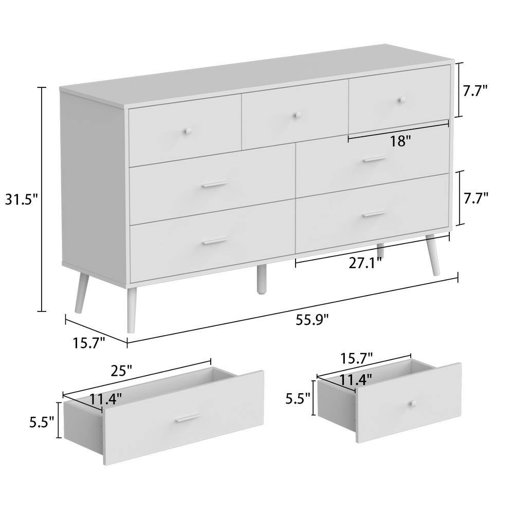 FUFU&GAGA 7-Drawer White Chest of Drawers, 31.5 in H-55.9 in W-15.7 in D