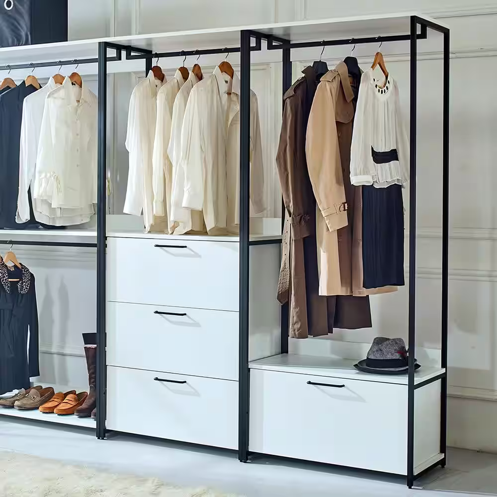 None Fiona 143 in. W White Freestanding Walk in Wood Closet System with Metal Frame