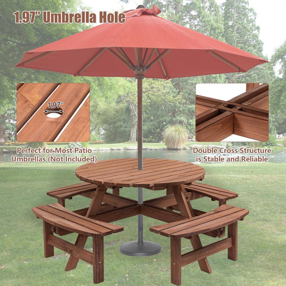 None 70.07 in. W Brown Solid Wood 8 Person Wooden Picnic Table Garden DIY w/4 Built-in Benches