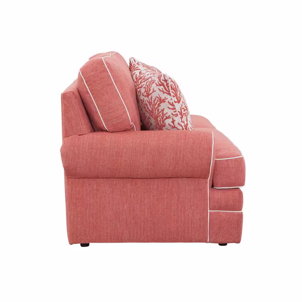 American Furniture Classics Coral Springs 90 in. Wide Rolled Arm Fabric Straight Sofa with 3 Seats, Accent Piping and 3 Accent Pillows in Coral Pink