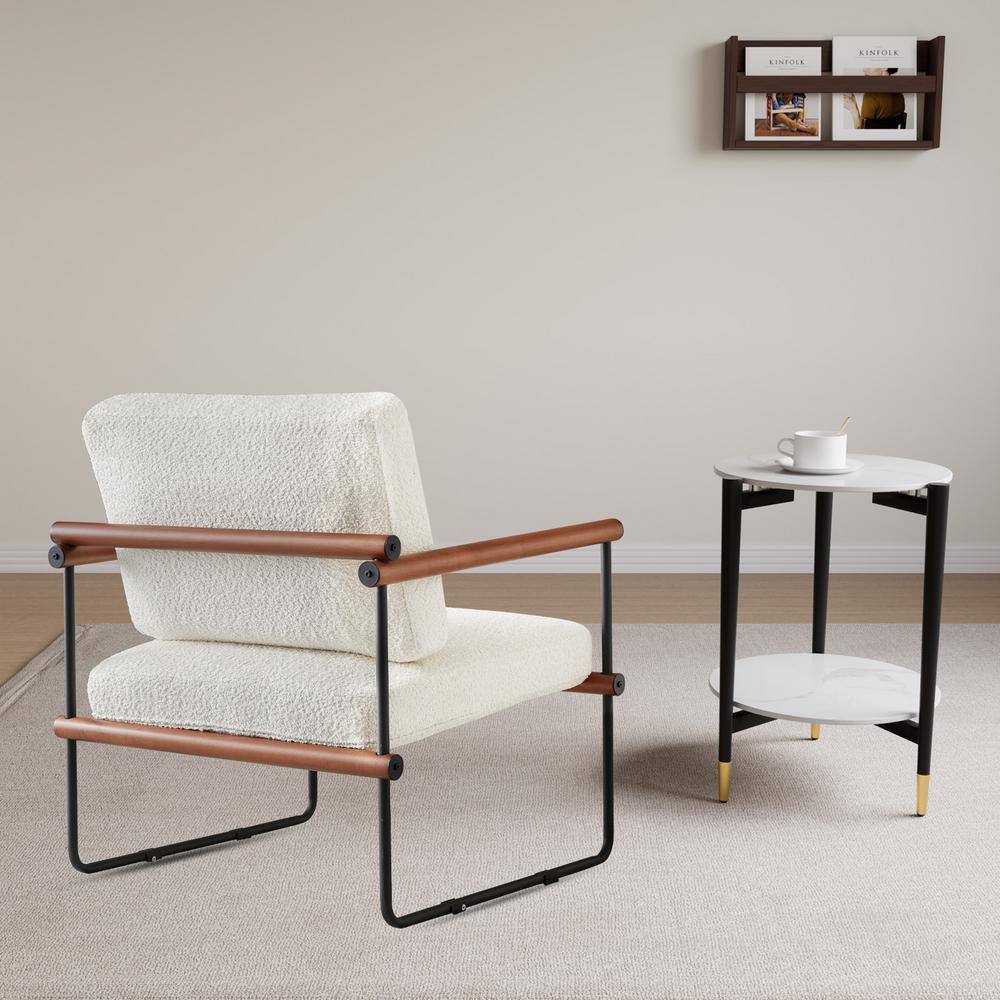 GOJANE 16.7 in. White Round Slate Stone Coffee Table and Single Upholstered Armchair with 3 Pieces