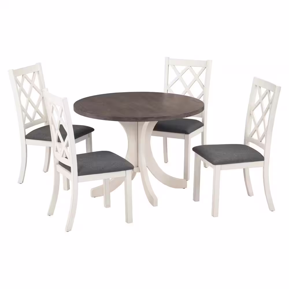Harper & Bright Designs Mid-Century 5-piece Brown Round MDF Top Dining Table Set Seats 4 with Gray Upholstered Chairs