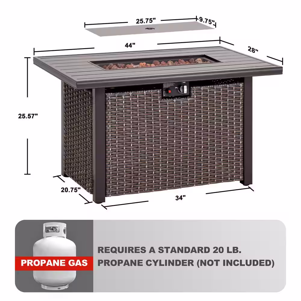 Nuu Garden 44 in. Rectangle Brown Aluminum Propane Gas Wicker Fire Pit Table 50,000 BTU with Fire Glass Stone