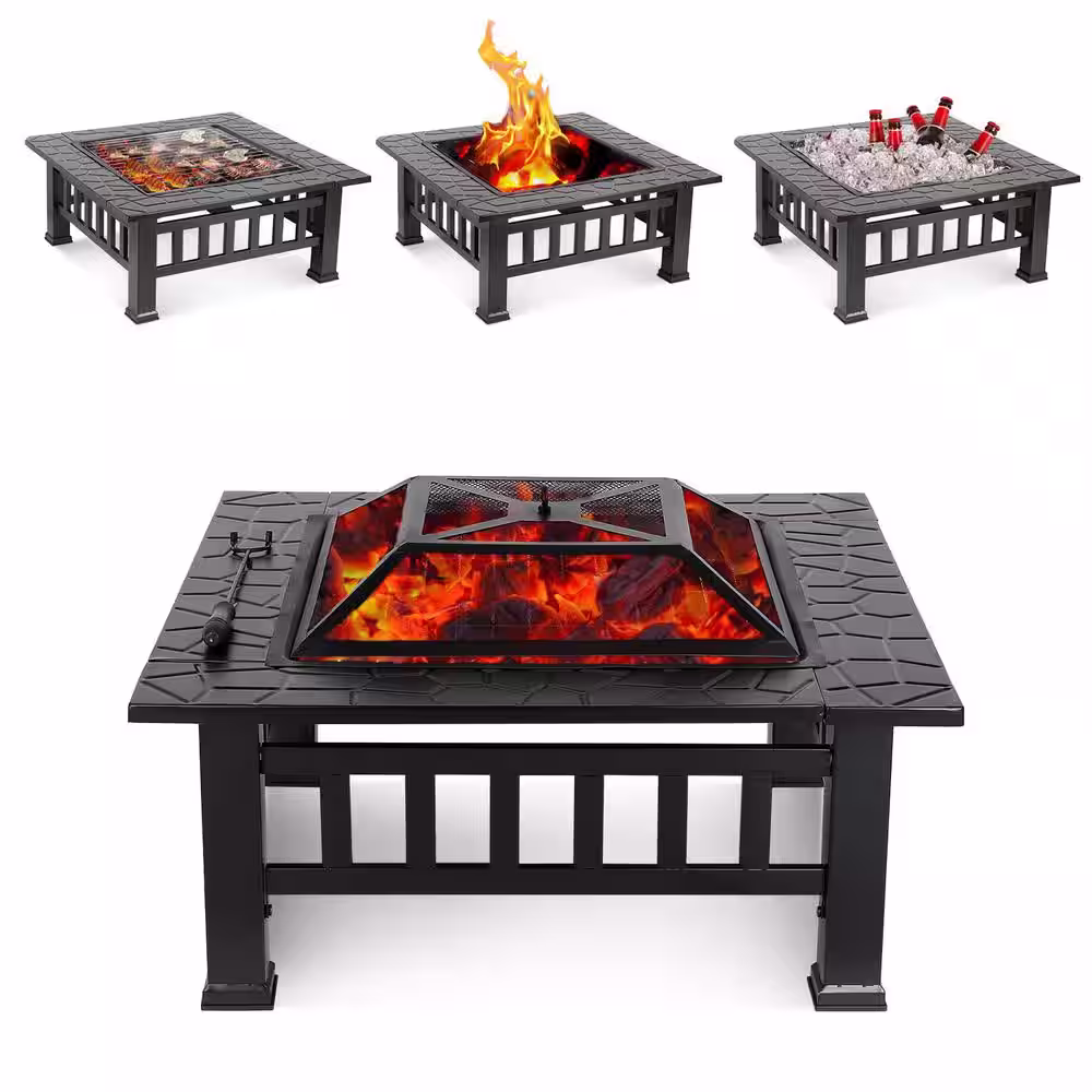 DIRECT WICKER Maxwell 31.8 in. W x 18 in. H Square Steel Wood Black Burning Fire Pit with Poker and Cover