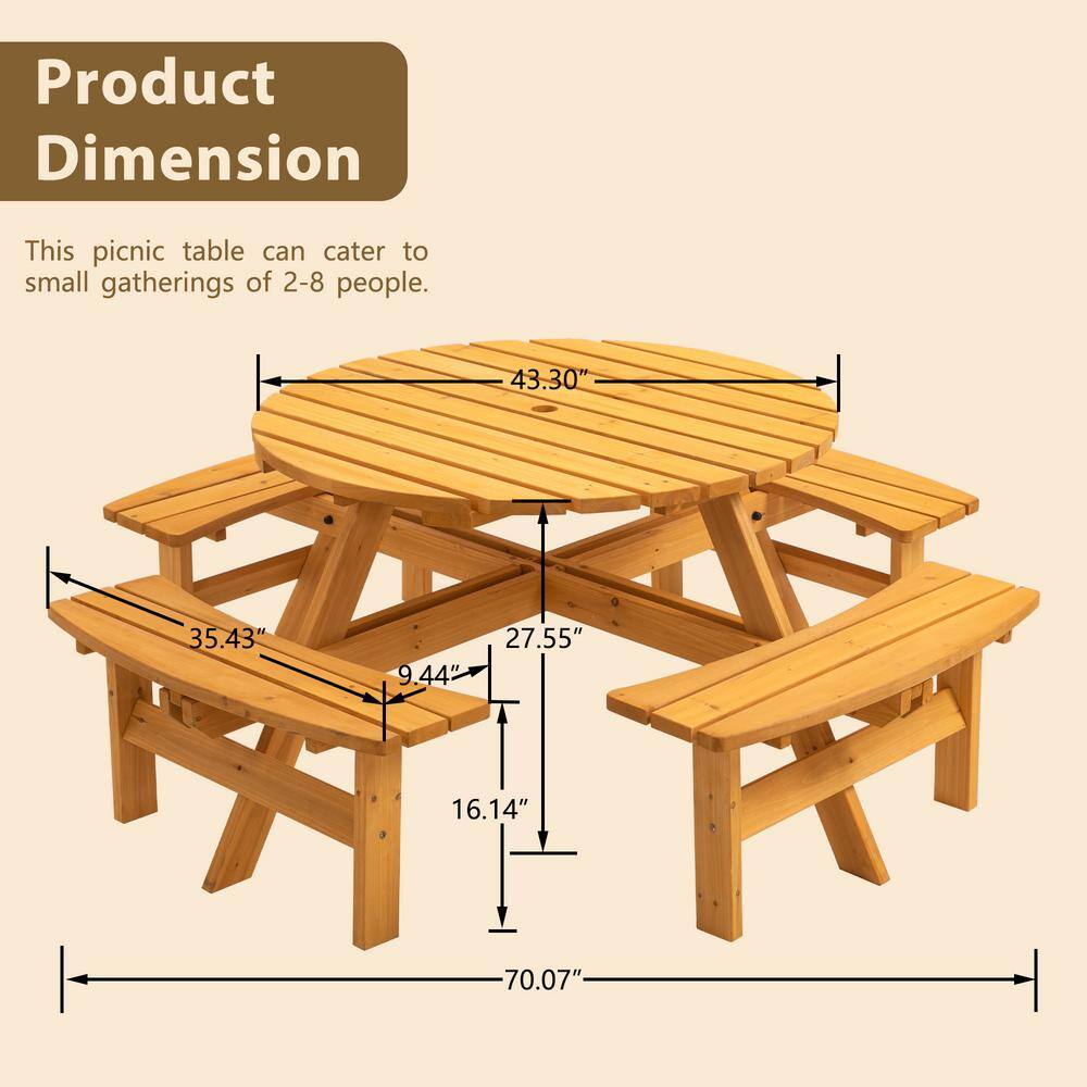 None 43.3 in. Brown Round Circular Solid Wood Picnic Table Seats 8-People with Umbrella Hole