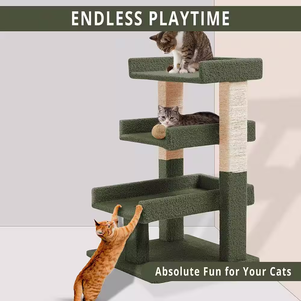 HOMESTOCK Green Cat Tree for Large Cats, Cat Activity with Scratching Post, Cat Tower for Large Cats, 3 Level Cat Play Perch