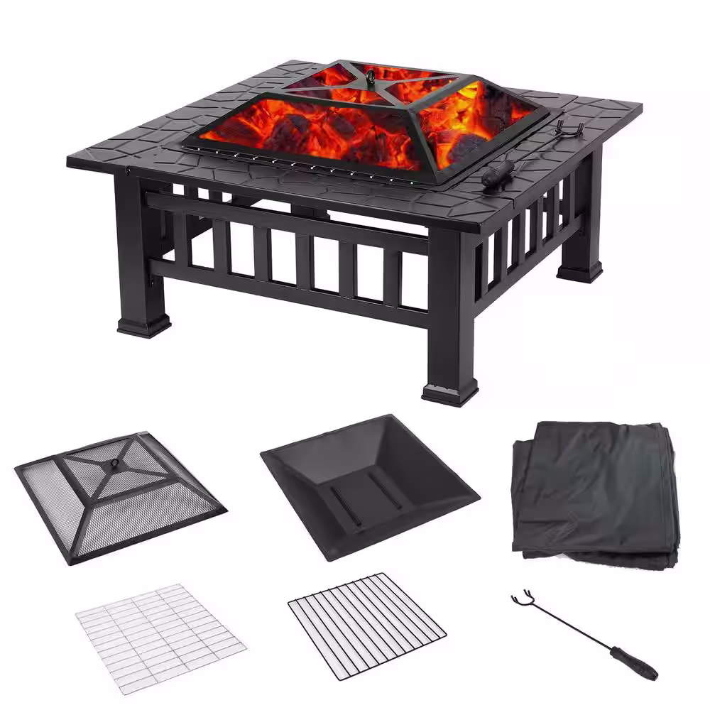 DIRECT WICKER Maxwell 31.8 in. W x 18 in. H Square Steel Wood Black Burning Fire Pit with Poker and Cover